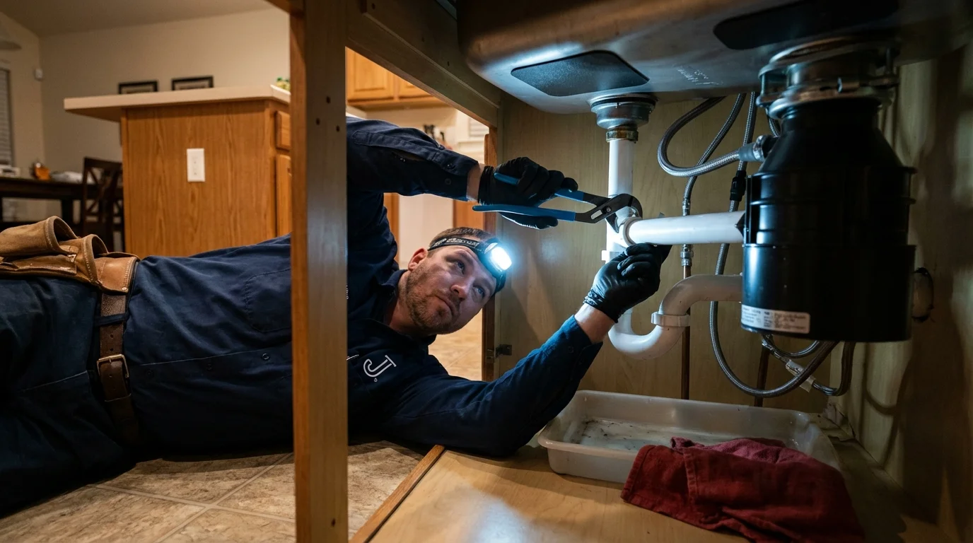 P-trap and supply line connections under a kitchen sink showing a common leak point in Mattituck, NY